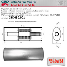Глушитель универсальный Овал D187*117, L505.Вход/выход прямой, под трубу 50±1мм. (Нержав./Сталь) [CBD]